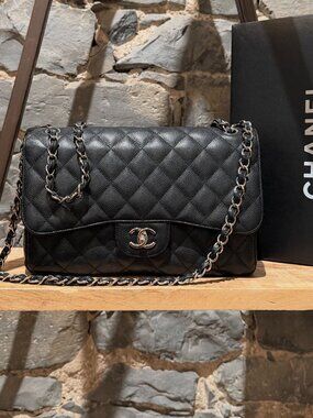 Chanel Black Caviar Jumbo Classique Double Flap Chain Bag
